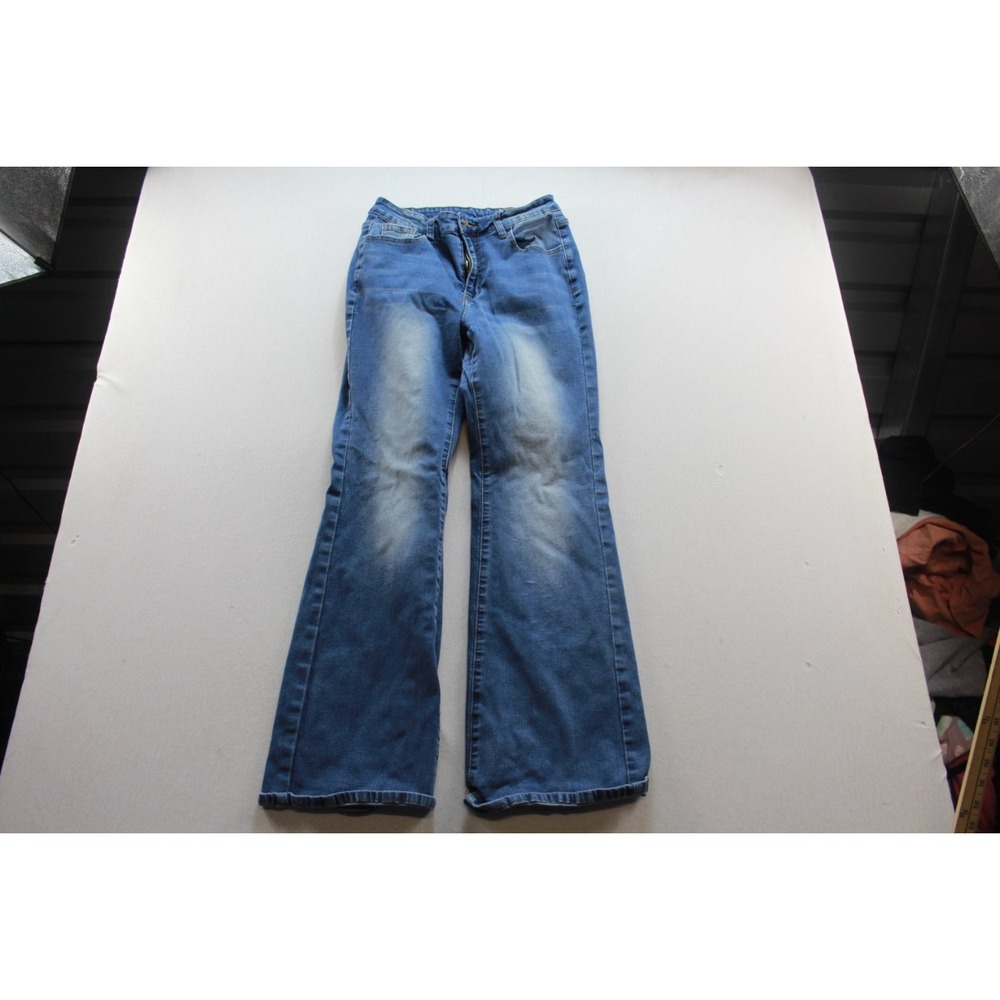 Romwe Bunny Rabbit Patch Flare Jeans Womens Size L Blue Denim Lace Trim Pockets